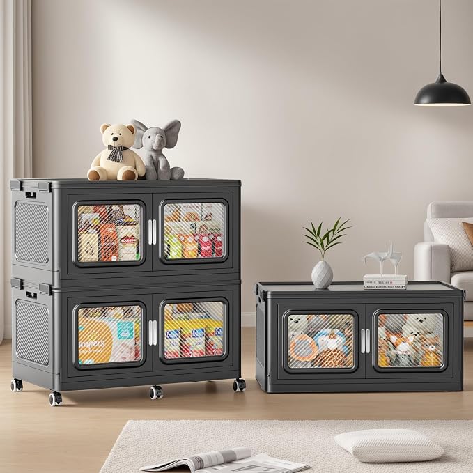 BROVIEW 900 Qt/225 Gal Stackable Storage Bins with Lids, 3 Pack, Black | Large Stackable Storage Boxes w/ 3 Lid Folding Plastic Cart Organizer for Home Kitchen, Open Front Clear Door with Wheels