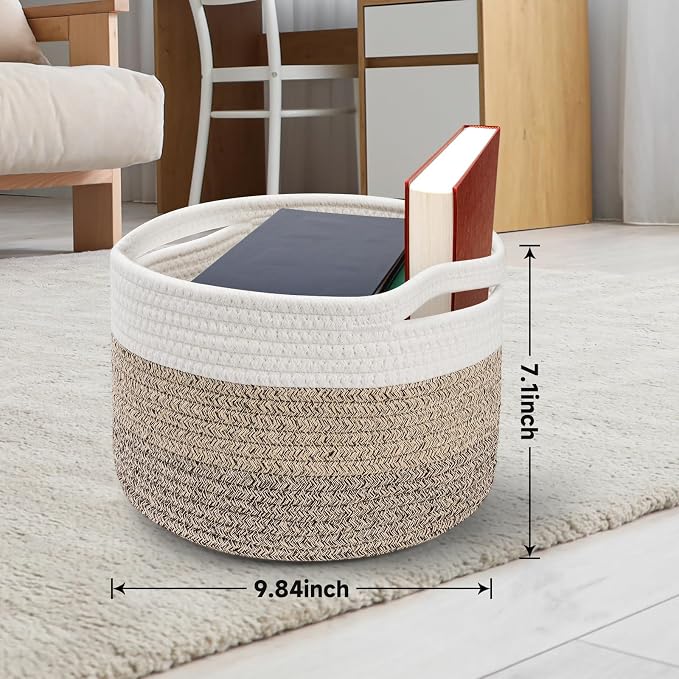 3 Pack Small Rope Storage Baskets, 9.82×9.82×7.1", Mixed Brown | Cotton Basket for Gifts Empty, Cute Round Woven Basket, Decorative Shelf Basket Organizer, Organizing Basket for Shelves