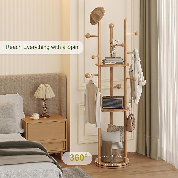 FROMJBEST Coat Rack Freestanding,Coat tree Entryway,Mid-Century,Nature Wood | Freestanding, Solid Wood, 9 Hooks & 3 Shelves, for Entryway, Hallway, Bedroom, Living Room, Office, Holds Bags, Hats, Purses