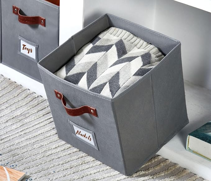 DECOMOMO Storage Bins, Cube Storage Bin with Labels | 13" x 13" x 13" Fabric Storage Cubes for Shelves (6pcs, Grey)
