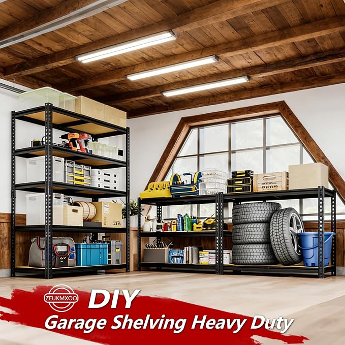 Heavy Duty Garage Shelving,5-Tier Metal Storage Shelves,2400LBS Shelving Unit,Adjustable Shelving Rack, Standing Shelf Units for Garage Storage Warehouse,28''×12''×60'',2 Pack