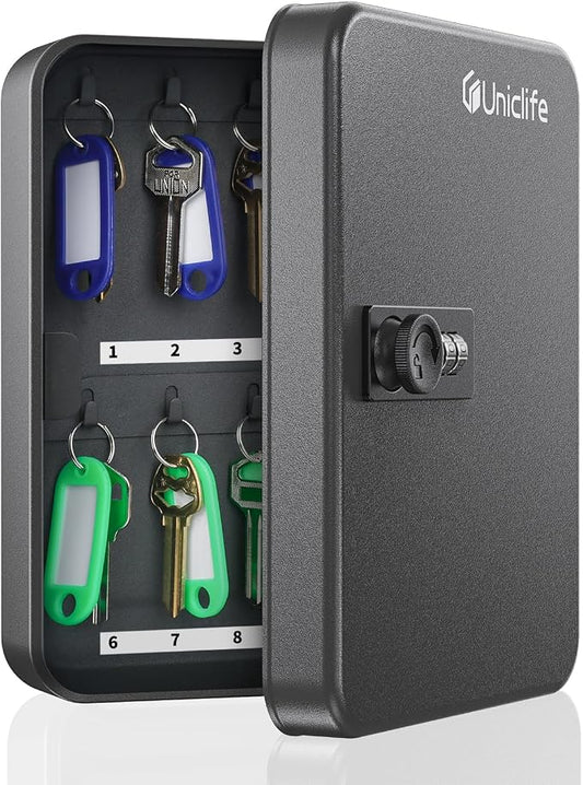 Uniclife 20-Key Steel Key Cabinet, Black Key Box with Combination Lock | Resettable Digital Security Storage Box, Wall-Mounted Key Organizer with Colorful Key Tag Labels for Schools and Companies