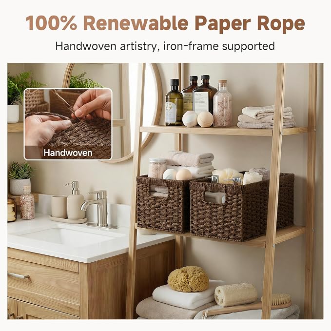 StorageWorks Round Paper Rope Storage Baskets, Rectangular Wicker Baskets with Built-in Handles, Medium, 2-Pack