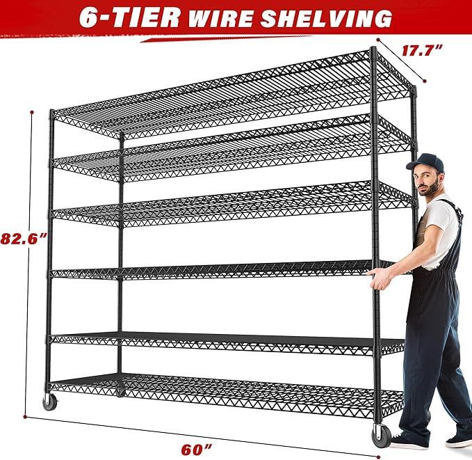 REIBII 6-Tier Wire Shelving Units with Wheels — 60" W Extra-Wide Heavy Duty Metal Shelving, 3,598 lbs Capacity, Adjustable Storage Racks for Garage, Pantry, Basement & Commercial Use, 2 Pack