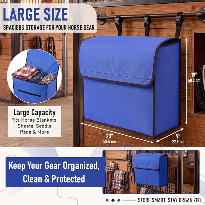 Horse Blanket Storage Bag, 600D Waterproof Oxford Fabric 23 x 19 x 9 in Stall Front Organizer, Heavy Duty Hanging Dustproof Horse Blanket Holder Accessories (Blue)