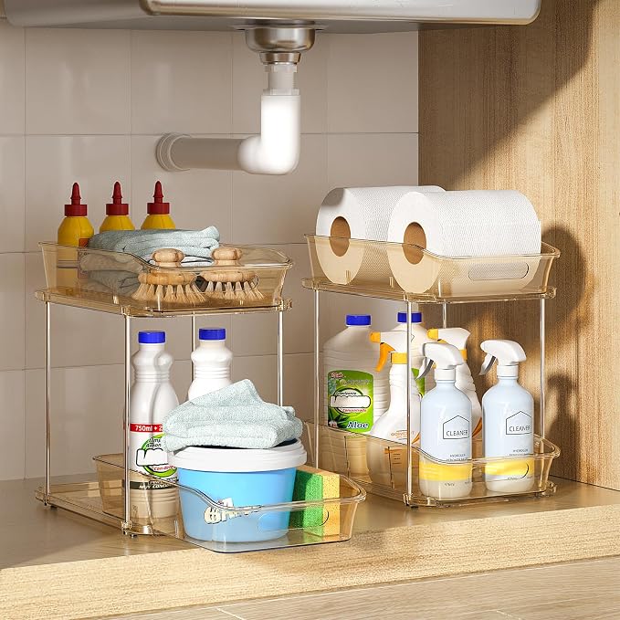 Delamu 2-Tier Under Sink Organizers and Storage, Multi-Purpose Stackable Bathroom Cabinet organizers, Pull Out Kitchen Pantry Organization and Storage with Dividers(3 Pack, Amber)