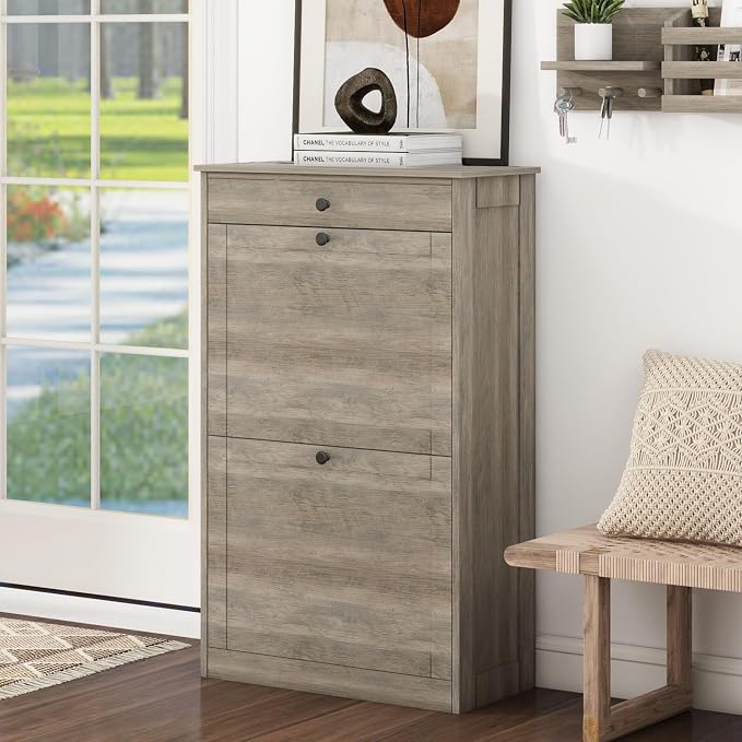 Shoe Cabinet with 2 Flip Drawers, Freestanding Shoe Storage Organizer | Narrow Shoe Rack with Drawers, Slim Shoe Cabinet for Entryway, Closet, Hallway, Living Room, Rustic Gray