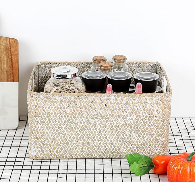 Hipiwe Seagrass Storage Basket Bin Rectangular Handwoven Wicker Storage Box with Handle Opened Baskets for Shelf Organizing Closet Bathroom, 13.3 x 9.8 x 6.7 Inch