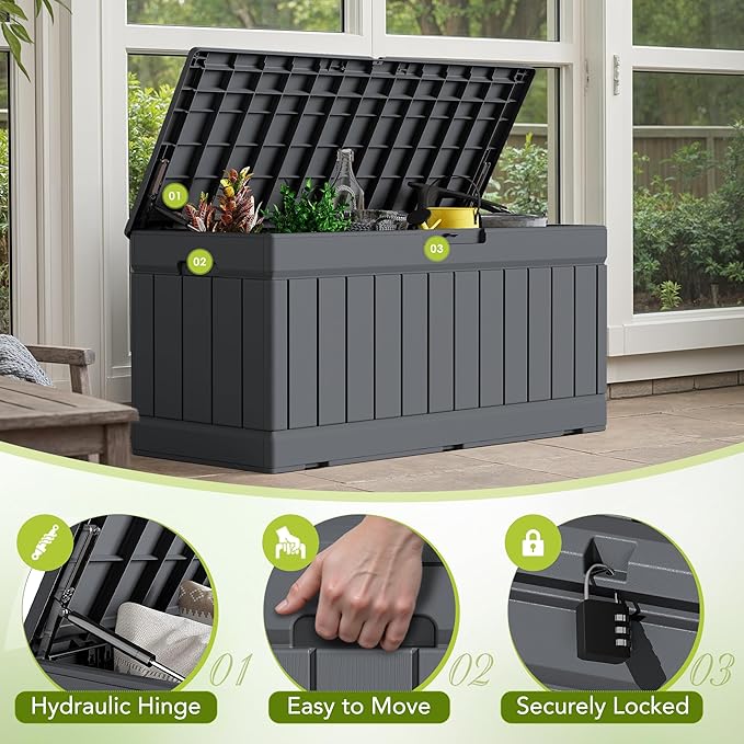 Devoko 78 Gallon Deck Box, Waterproof Resin Outdoor Storage Box | Outdoor Storage Bench Lockable for Outside and Patio Furniture, Garden Tools and Pool Supplies