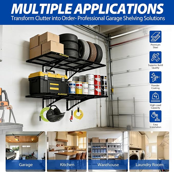 Avalution Garage Wall Shelving,2x3ft Garage Shelving Wall Mounted 2 Pack,Heavy Duty Wall Organizer Storage Shelf with Hooks,650lbs Capacity Floating Shelves for Laundry, Basement,Warehouse,Black