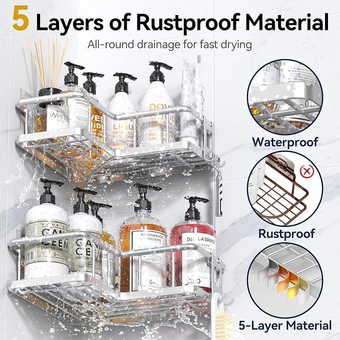 YASONIC Corner Shower Caddy Adhesive, 100% Rustproof Shower Organizer with Soap and Troothbrush Holder, No Drill Shower Shelf for Inside Shower, Wall-Mounted Shower Storage for Homes (5 Pack, Silver)