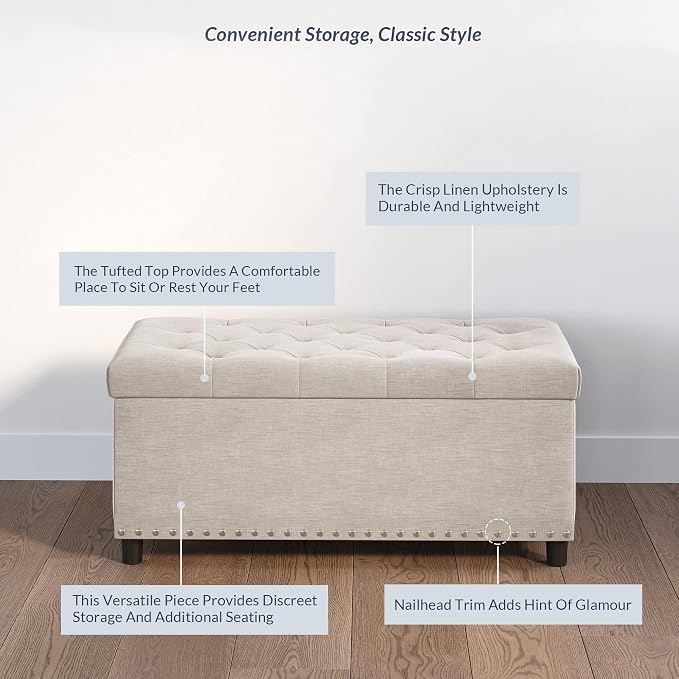 BELLEZE Storage Ottoman, Tufted Ottoman with Close Hinge, Foot Rest for Living Room (Beige, 31 inch)