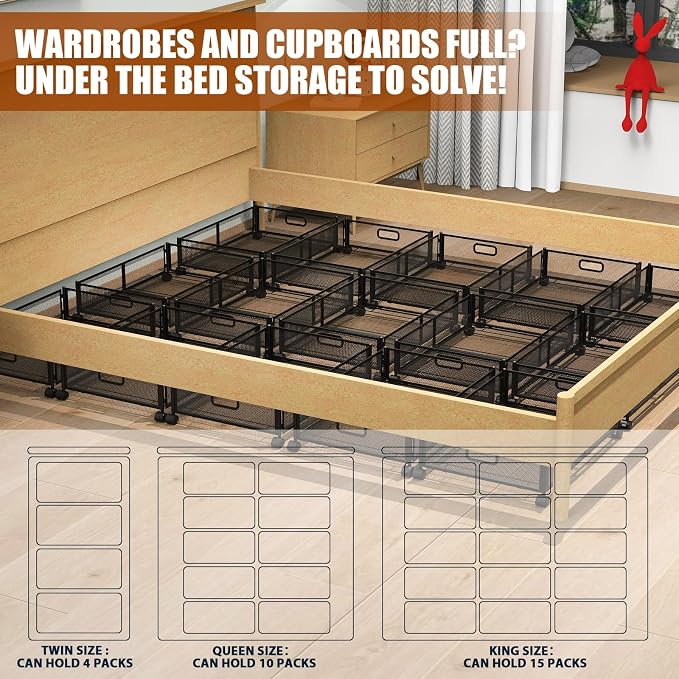 Under Bed Storage Containers,4 Pack Foldable Underbed Storage Containers with Handles and Wheels,Folding Bed Shoes Clothes Organizer,Easy Assembly Underbed Storage for Toy,Bedding,Bedroom(Black)
