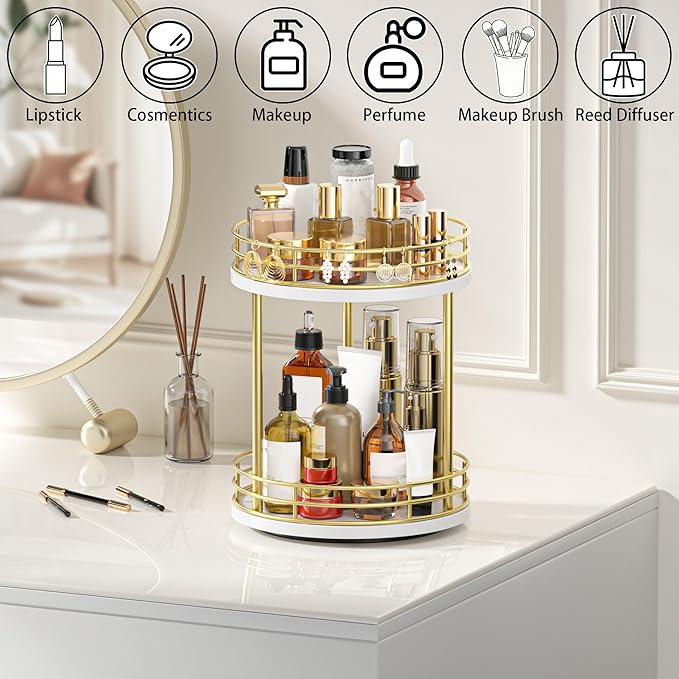 2-Tier Rotating Bathroom Countertop Organizer, Wooden Makeup Vanity Storage, Multifunctional Lazy Susan Turntable for Skincare, Perfume and Cosmetics (White-Gold)