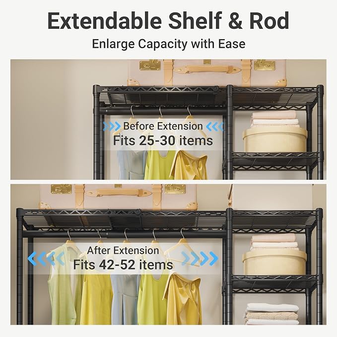 VIPEK X2 Expandable Clothes Rack Portable Closet Organizer System Black | Heavy Duty Closet Racks Adjustable from 3'3" to 4'8" with Shelves and Hanger Rods Reach-in Clothing Rack for Hanging Clothes