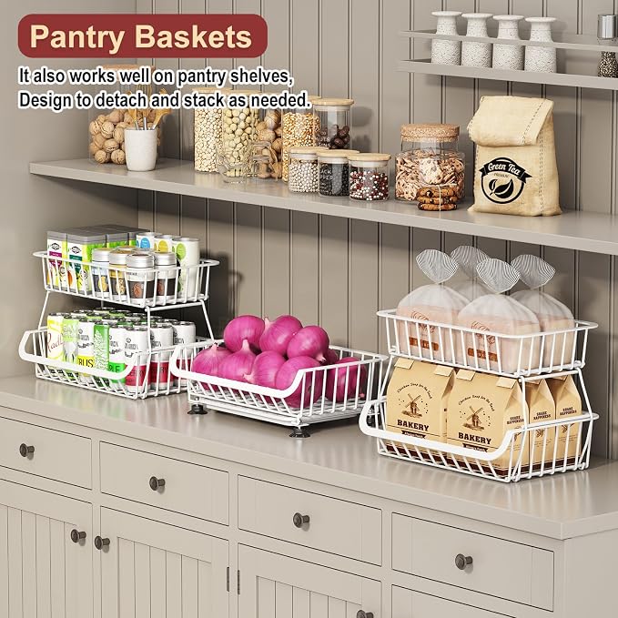 3-Tier Rolling Pantry Cart with Wheels, Stackable Wire Storage Floor Organizer for Kitchen Pantry Snack Shelves, Fruit Basket Stand, Vegetable Storage Rack for Food Snacks Onion Potato, White