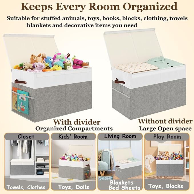 Large Toy Storage Box with Lid Upgraded Toy Storage Chest Organizer with Divider Foldable Toy Bin for Kids Boys Girls Playroom Nursery Bedroom (25"x13"x16")