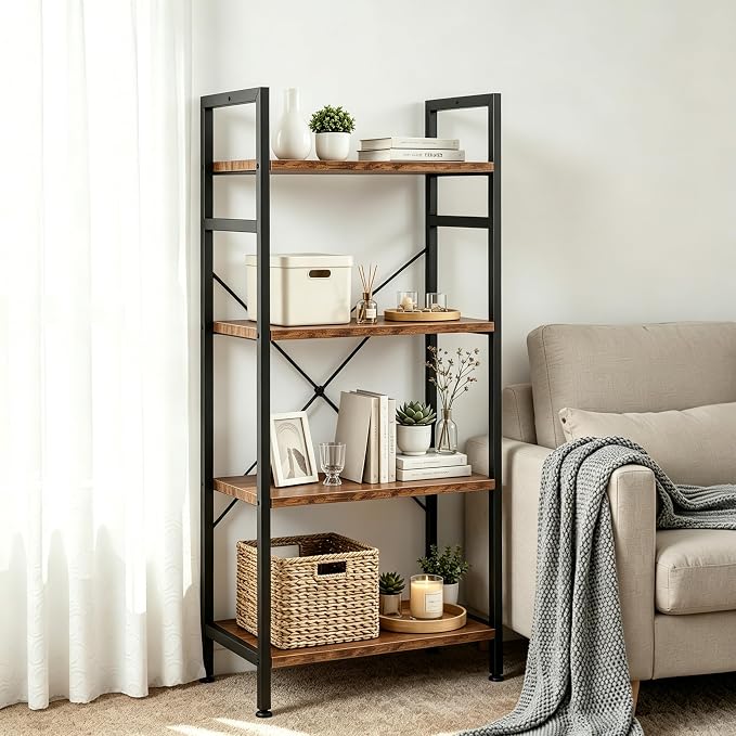 HealSmart 4 Tier Bookshelf, Free Standing Book Shelf Home Office Bookcase Shelf Storage Organizer for Bedroom, Bathroom, Living Room, Office, Balcony, Rust Brown