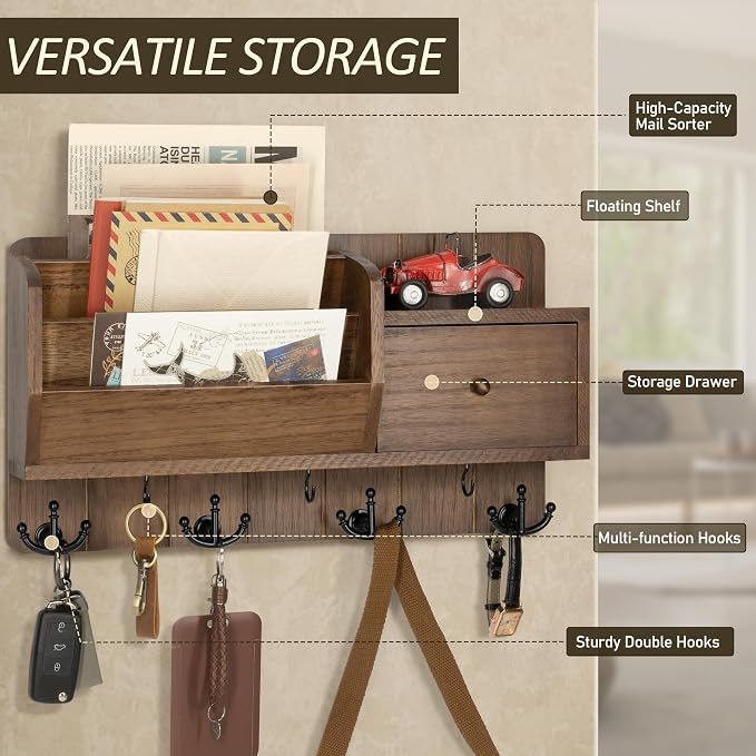 Rebee Vision Key Holder Wall Mount with Drawer Organizer for Entryway,Brown | 7 Key Hooks, 3 Mail Sorters, Letter Sorting, Small-Item Storage, Mail and Key Organizer for Wall, Apartment Essential