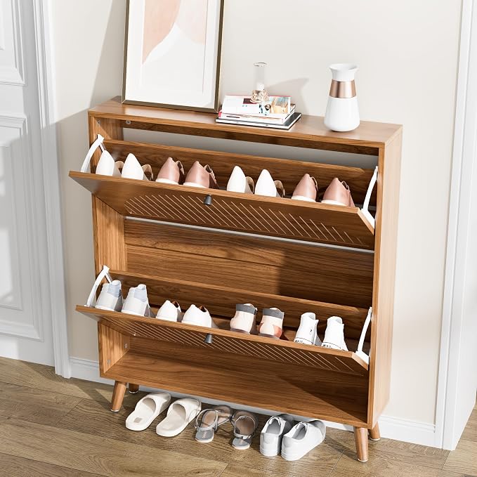 Fsbecl Shoe Storage Cabinet for Entryway with 2 Flip Drawers, Narrow Wood Shoe Cabinet with Fluted Panel, Freestanding Hidden Shoe Organizer for Hallway