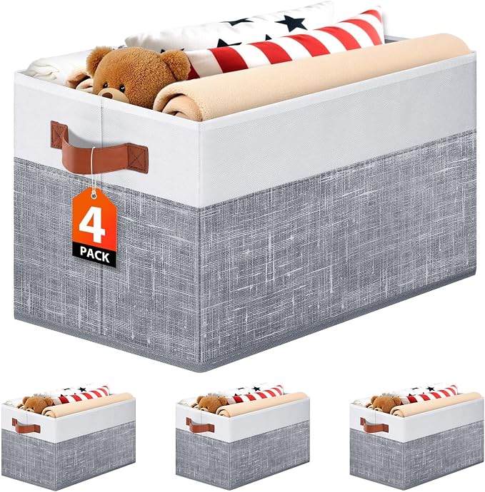 Fab totes Collapsible Storage Baskets for Shelves,14"x10", 4 Pack Foldable Fabric Storage Bins with Double Leather Handles, Large Baskets for Organizing Books, Clothes, White & Grey