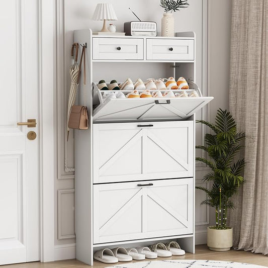 Shoe Cabinet with 3 Flip Drawers & 2 Top Drawers, 57" Tall Freestanding Narrow Wooden Shoe Storage Organizer for Entryway, Hidden Slim Shoe Rack for Front Door Entrance, Hallway, Living Room, White