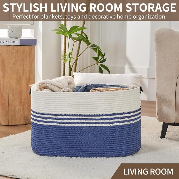 Laundry Hamper with Handles, 72L Rope Laundry Basket, Blue | Cotton rope clothes hamper with leather handles holds blankets, pillows, toys and laundry in nursery, bedroom or living room