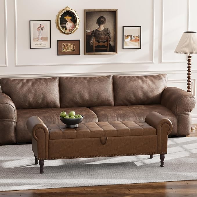 Apicizon 60” Bench with Storage, Upholstered Tufted Button Bedroom Bench with Storage, Faux Leather Ottoman Bench for Bedroom, Living Room, Entryway, Yellow Brown