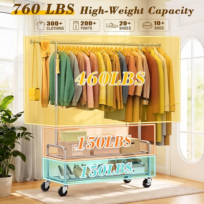 Upgraded 100% Stainless Steel Heavy Duty Clothes Rack with Shelves Loads 760 LBS, Commercial Clothing Rack with Larger & Sturdy Wheel, Adjustable Height & Rolling Garment Hanging Rack for Bedroom Dorm