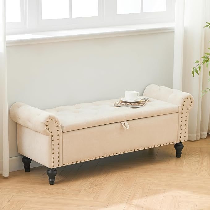 55" Storage Bench for Bedroom, Upholstered Ottoman Bench, Chenille Beige | End of Bed Bench for Bedroom, Window Benches for Living Room, Entryway, Ottoman with Large Storage Space, Pet Friendly