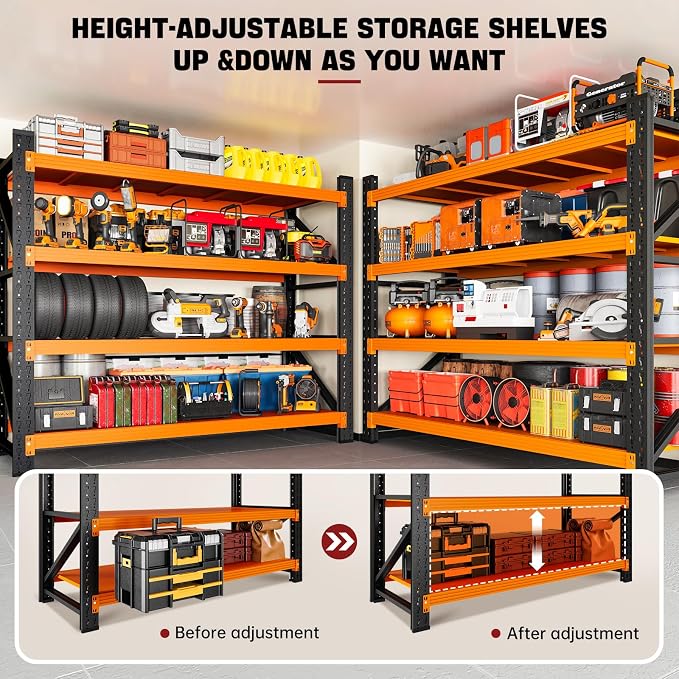 RAVIGIN 3000LBS Storage Shelves, 48" W Garage Shelving Heavy Duty Metal Adjustable Garage Shelves, Shelving Units Industrial Shelving for Warehouse, 48" W x 23.7" D x 70" H,Orange