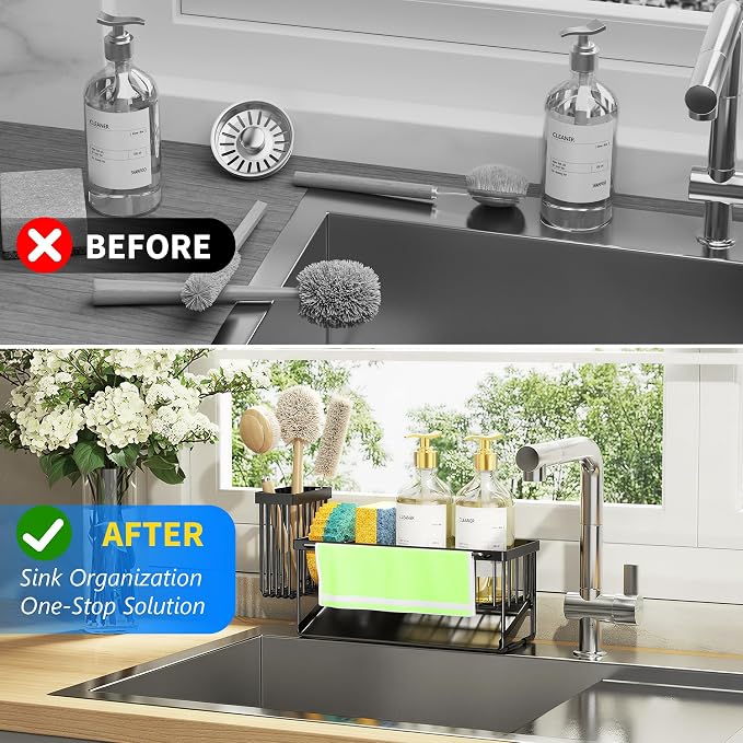 Cisily Kitchen Sink Caddy Organizer with High Brush Holder, Sponge Holder for Sink, 304 Rustproof Stainless Steel, Countertop Soap Dispenser Organizer, Black with Towel Rack, 9.25