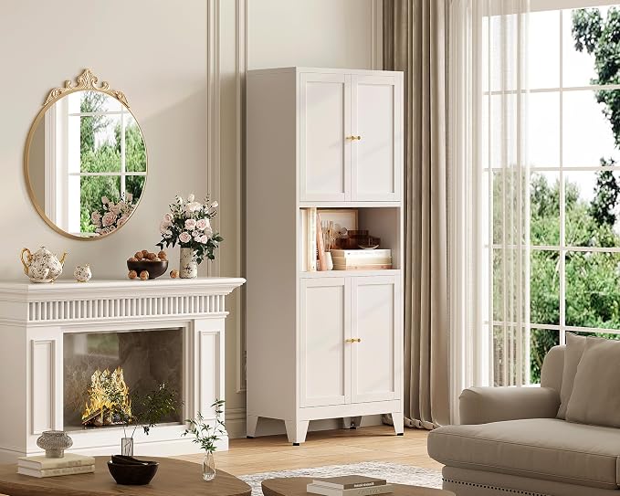69" H Kitchen Hutch Cabinet with Storage,White Metal Storage Cabinet,Microwave Cabinet,Kitchen Pantry Cabinet with Countertop