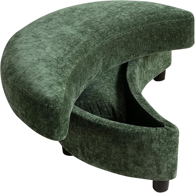 32.7" W Chenille Upholstered Half Crescent Moon Storage Bench Large Ottoman with Tray Serve As Side Table Soft Padded Seat Dressing Shoe Bench Foot Rest Green 32.7" L x 18.9" W x 17.3" H