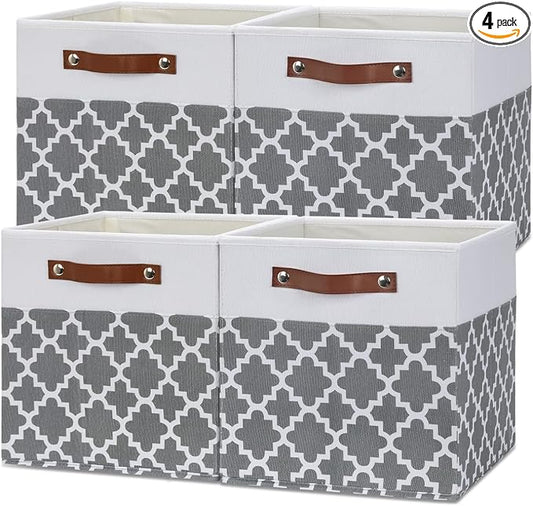 Temary 12x12x12 Fabric Storage Bins 4 Pack with Leather Handle, Foldable Cubes Storage Box Baskets for Closet, Shelf (White&Lattice)