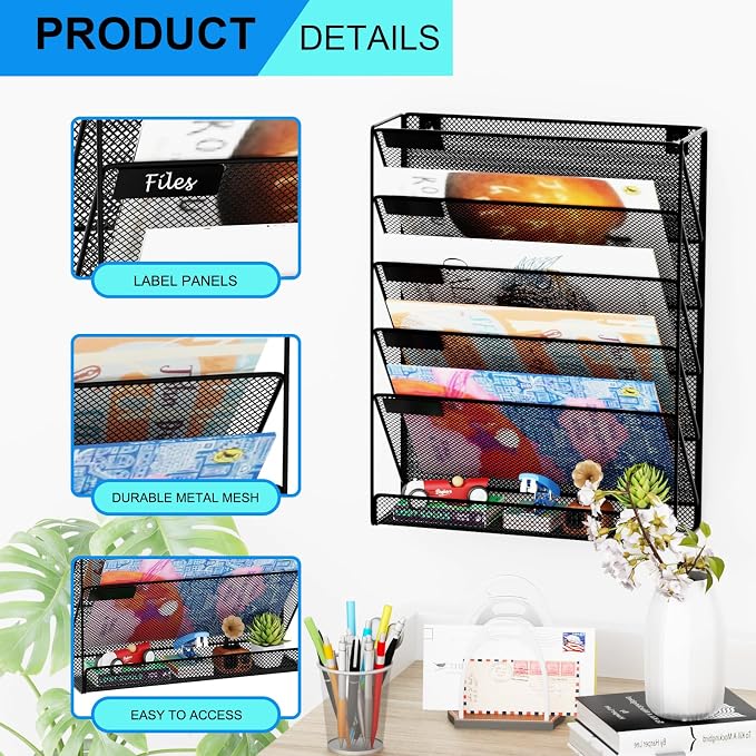 Wall File Organizer Holder Mesh Hanging Paper Document Holder,Vertical 6 Pocket Tier for Office Home, Black