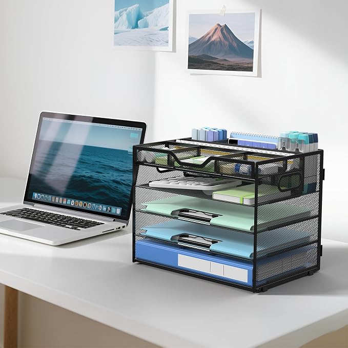 Docnest 5 Tier Mesh Desk Organizer with Removable Tray&Pen Holder, Black | Features 3 detachable pen holders and 4 removable dividers.Versatile mesh desktop storage for mail, document,office supplie