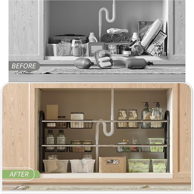 Under Sink Organizers and Storage,Expandable under cabinet organizer Shelf | 2 tier expandable shelf for kitchen and bathroom,8 Baskets,Adjustable partition height,20.7-32.3" W