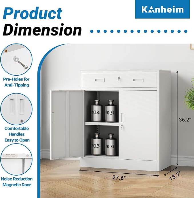 Metal Storage Cabinet, 36" Locking Cabinet with Adjustable Shelves for Garage, Office (White, 1 Drawer)