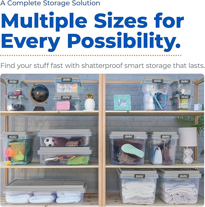 Hefty 18 Qt Hi-Rise Storage Bin with Lid, Stackable Plastic Storage Container, Organizer for Home, Garage & Closet, 8 Pack, Gray