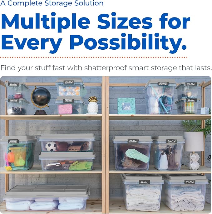 Hefty 113 Qt Hi-Rise Storage Bin with Lid, Stackable Plastic Storage Container, Organizer for Home, Garage & Closet, 4 Pack, Gray