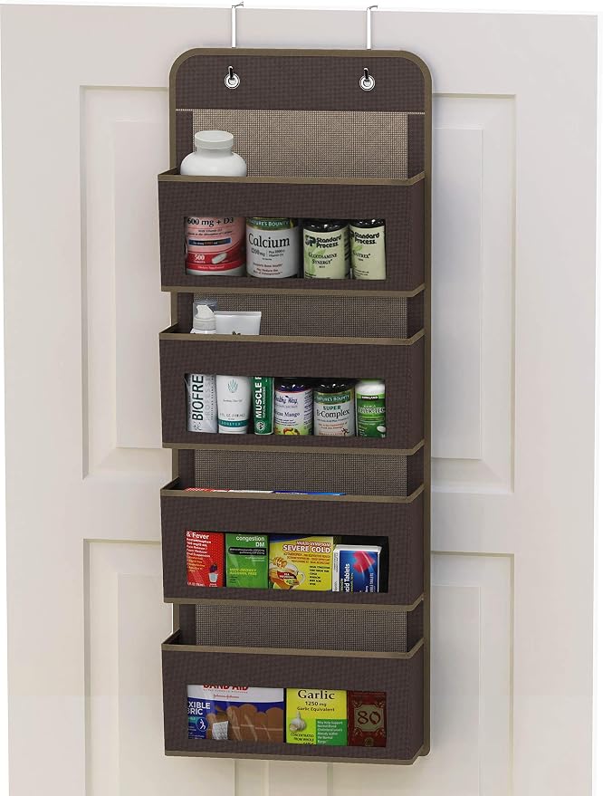 Simple Houseware 4 Clear Window Pocket Over Door Hanging Organizer, Brown | Over the Door Storage for Closet, Bedroom, Bathroom, Pantry