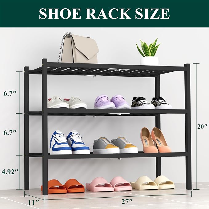 Smiry Bamboo Shoe Rack, 14 Vertical Slats, 3 Tier - 26.8" Wide, Black | Stackable Free Standing Wooden Shoe Organizer, Wood Shoe Storage Shelf for Closet, Entryway, Thicher Leg