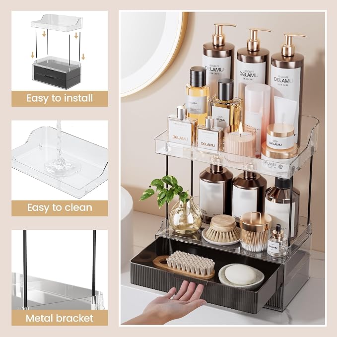 Delamu Bathroom Organizers and Storage, 2 Tier 2 Drawer Makeup Organizer Countertop, Easy to Install, Ideal for Bathroom Counter, Vanity, Large Skincare, Perfume, Present, Desk and More, Black | Elegant Vanity Organizer Gift for Women, Holds Perfume, S...