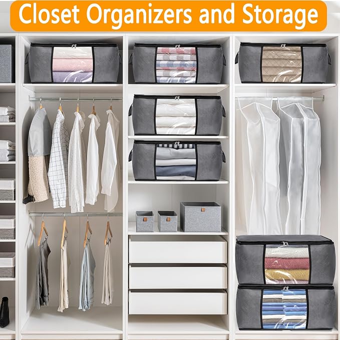 BiCINE 8 Pack Clothes Storage Bags with Zipper, 45L Foldable Blanket Storage Bag with Clear Window Sturdy Handles for Closet, Dorm, Pillows, Bedding, Sheet, Comforter, Gray