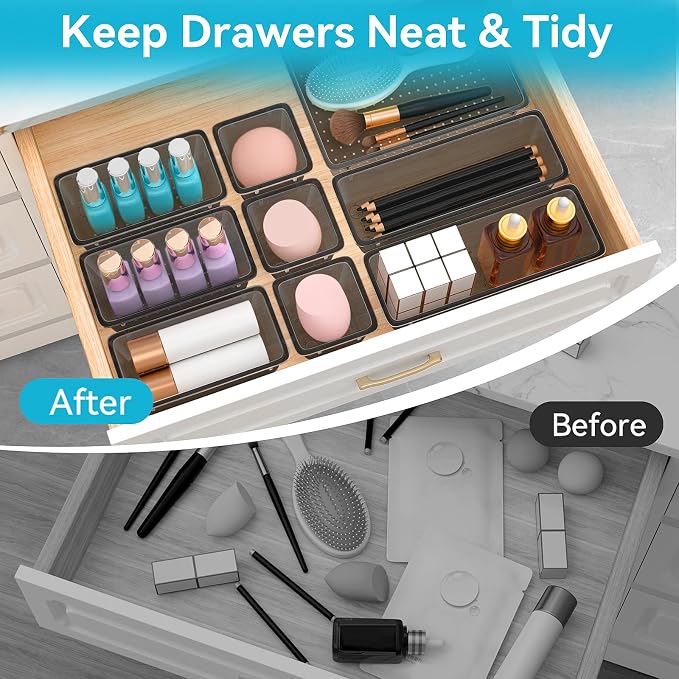 12 PCS Drawer Organizer Set, Makeup Organizers, Tool Storage Trays, Black | 4 Sizes, Plastic, Stackable, Multiple Gadgets, Desk Drawer Divider Organizers, for Makeup, Office Supplies Storage