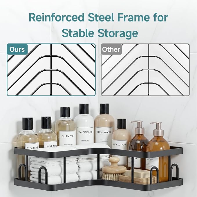Veken Corner Shower Caddy 3-Pack, Advanced Rustproof Design&Stable Storage | No Drilling Adhesive Shelves, Rack with Soap Holder & Hooks, Thickened Metal Frame, Bathroom Organizers and Storage, Blac
