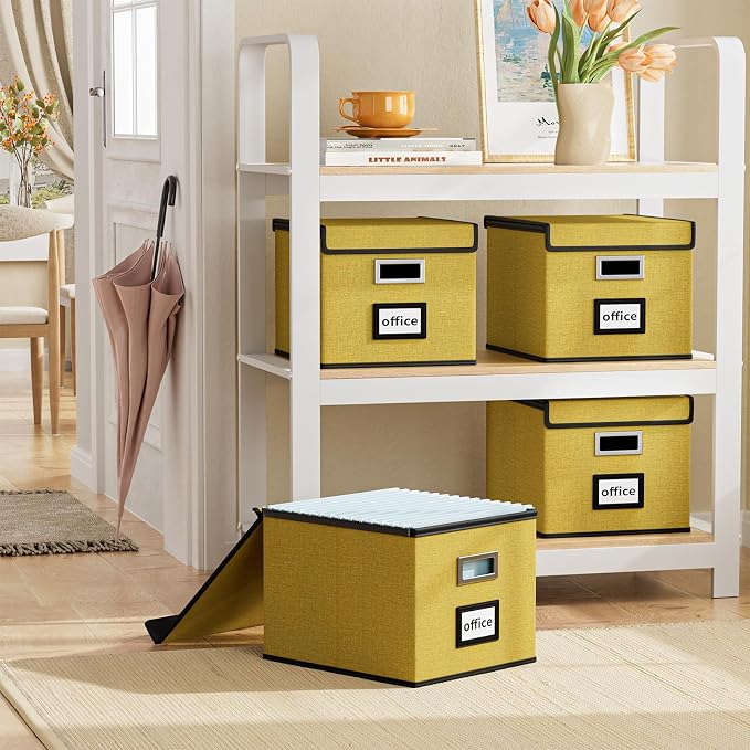 File Organizer Box with Lids, Collapsible File Folder Organizer | File Box with Plastic Slides for Office Document Storage, Filing Bin for Letter Size Hanging File Folders (1 Pack, Yellow)