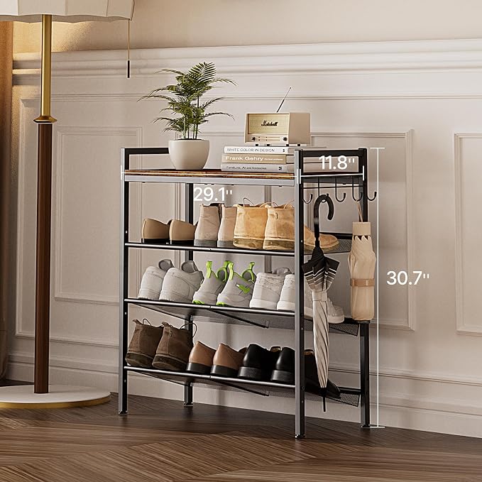 4 Tier Shoe Rack, Shoe Rack for Entryway with Hook, Shoe Organizer with Adjustable Mesh Shelves, Metal Shoe Storage, Closet, Bedroom Living Room Garage