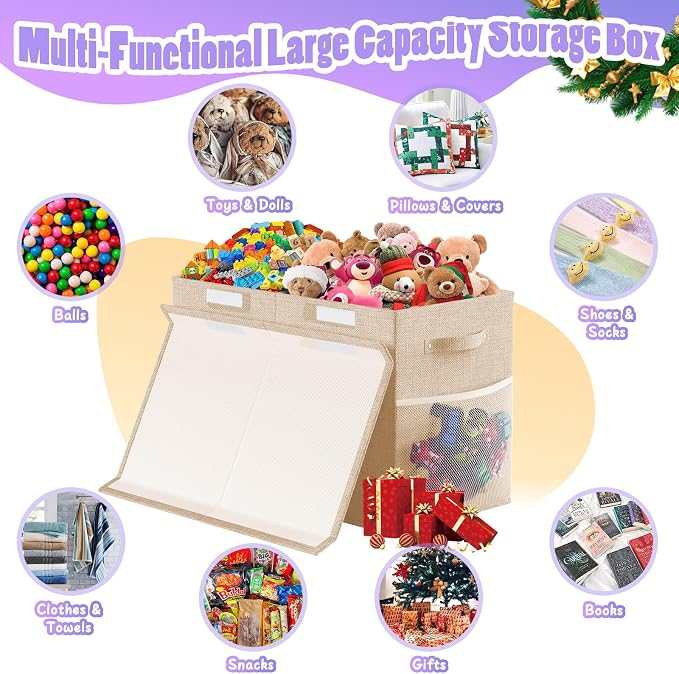 Large Toy Storage Box with Lid, Dividers, Collapsible Kids Toy Chest, Beige | Toy Box for Boys, Girls, Nursery, Bedroom, Living Room, Playroom, 25 x 13 x 16 inches